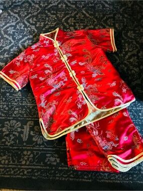 Red and Gold Chinese Top and Bottom youth Sz12 by Shanghai SoHo can be costume.